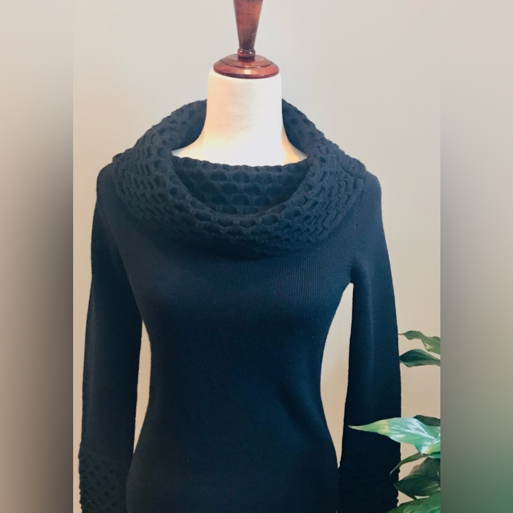 DANA BUCKMAN Sweater Honeycomb Cowl Neck and Cuff PETITE MEDIUM 8-10 Black